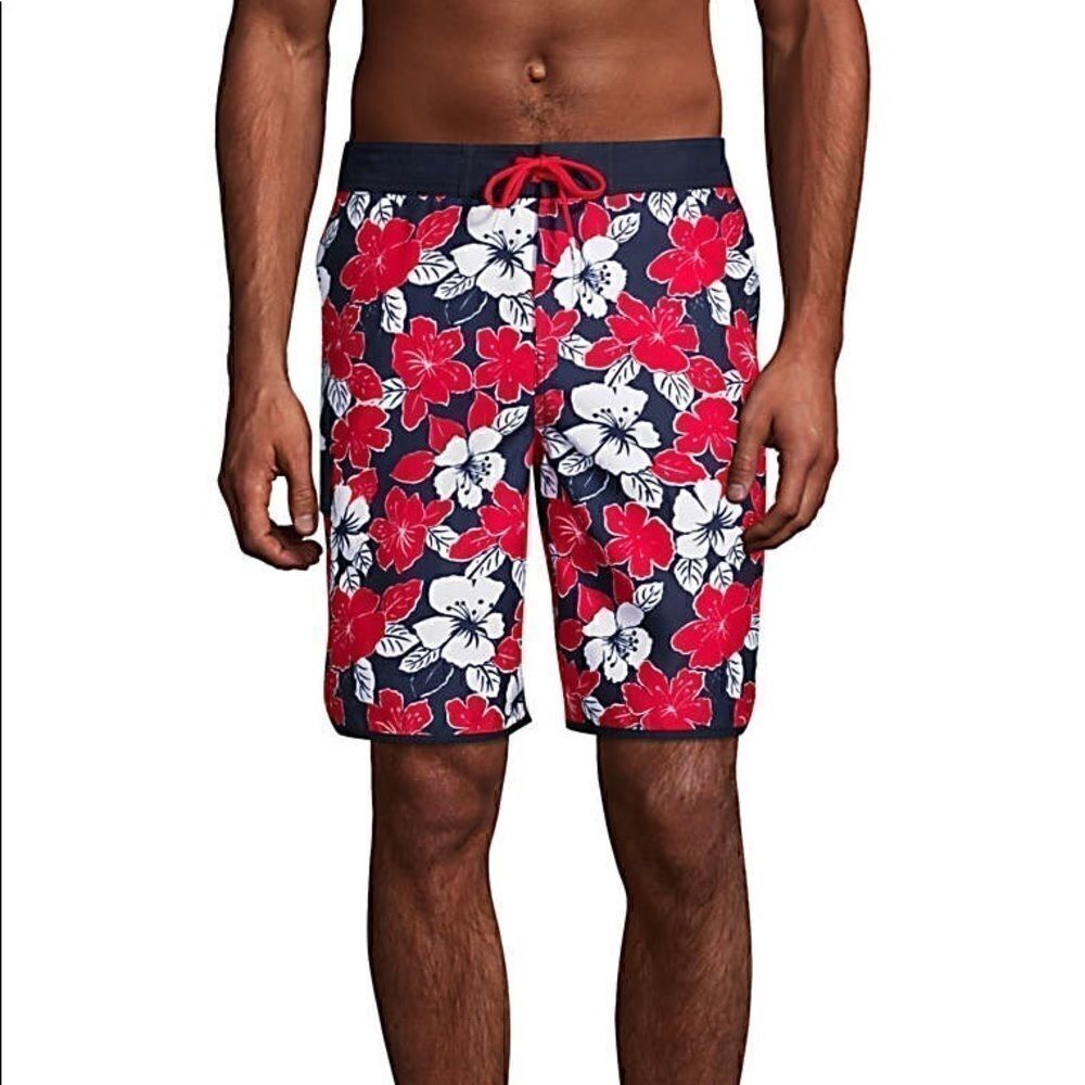 Land’s End men’s Floral better board Swim Shorts floral  blue red white tie L